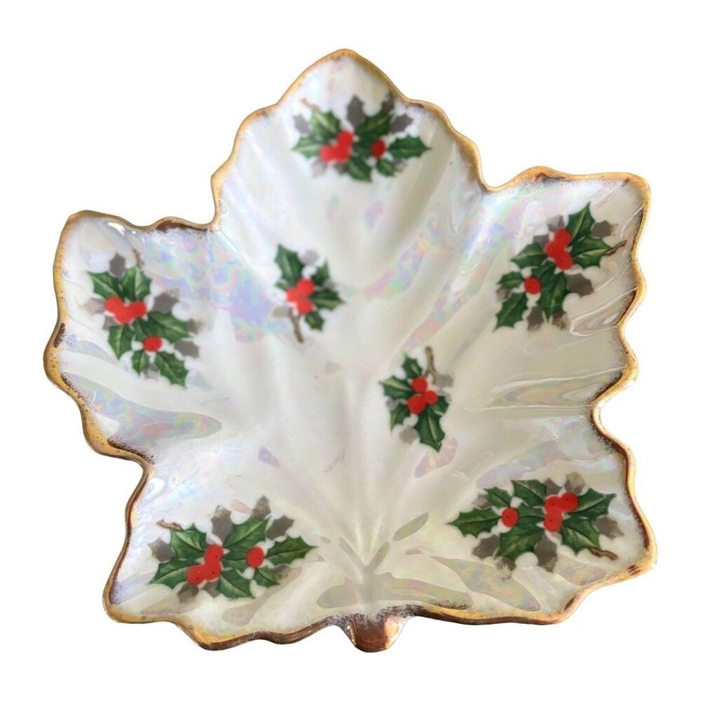 Ucagco China Candy Dish Japan Holly Iridescent Lusterware Christmas Vintage